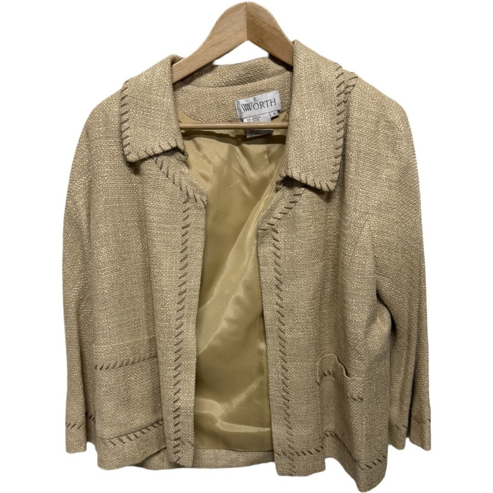 Worth Tweed Cream Colored Open Front Blazer Jacket Size 8 Office Siren Prep